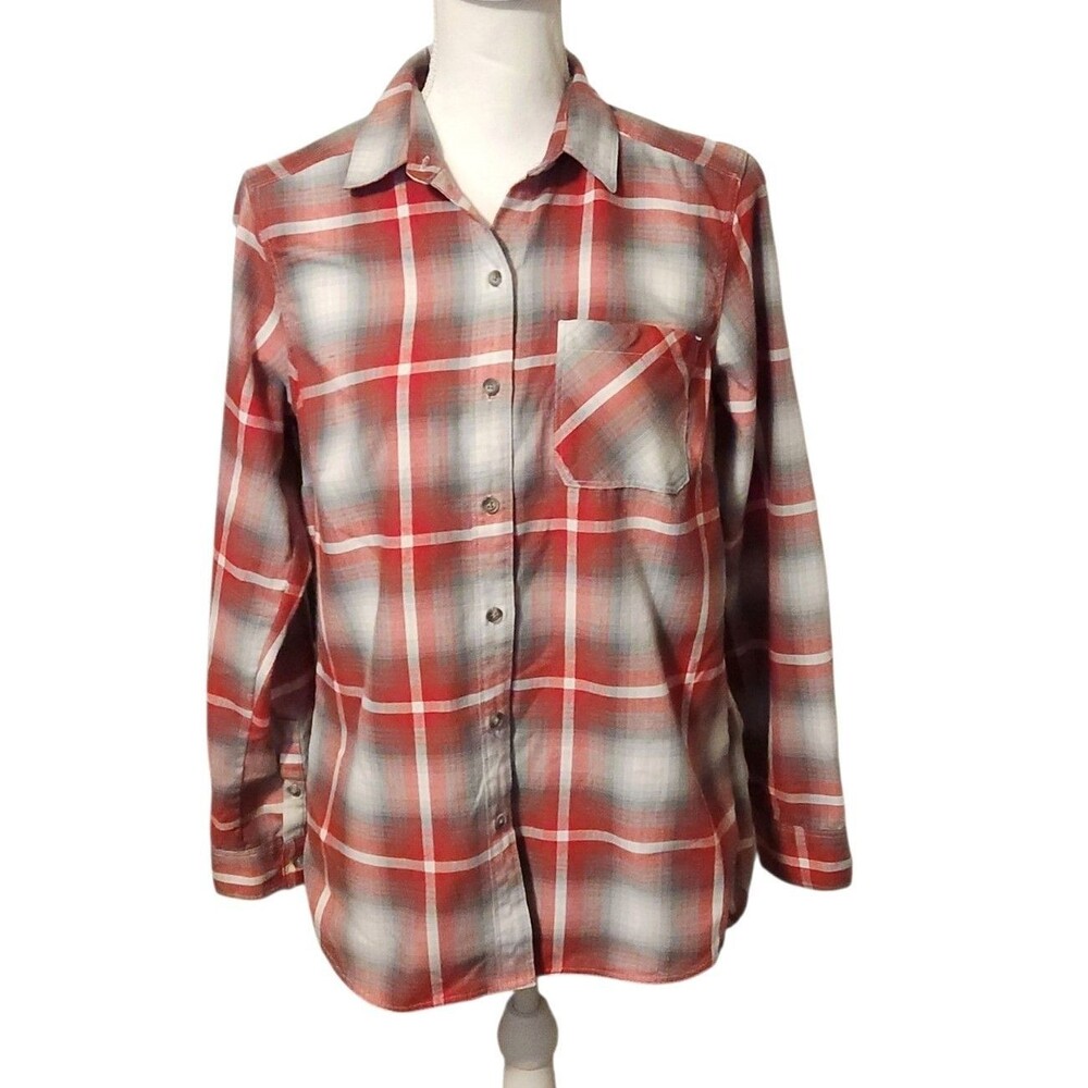 Eddie Bauer Flannel Shirt Red White Gray Plaid Pocket Womens Size S Gorpcore